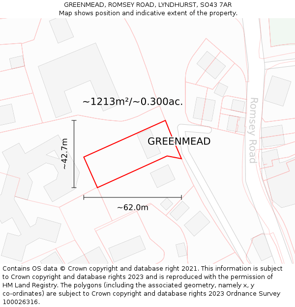 GREENMEAD, ROMSEY ROAD, LYNDHURST, SO43 7AR: Plot and title map