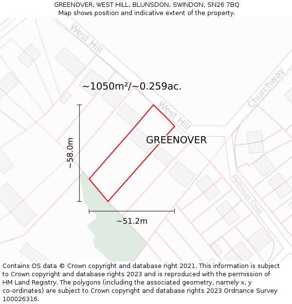 GREENOVER, WEST HILL, BLUNSDON, SWINDON, SN26 7BQ: Plot and title map