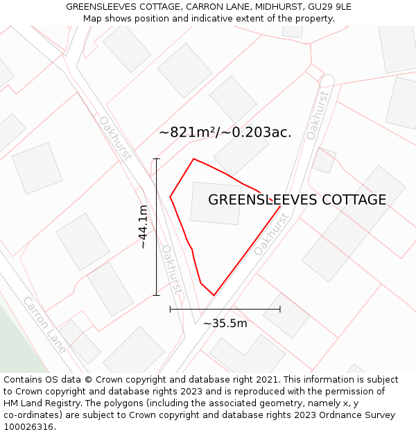 GREENSLEEVES COTTAGE, CARRON LANE, MIDHURST, GU29 9LE: Plot and title map