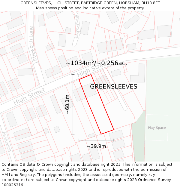GREENSLEEVES, HIGH STREET, PARTRIDGE GREEN, HORSHAM, RH13 8ET: Plot and title map
