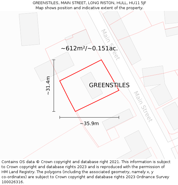 GREENSTILES, MAIN STREET, LONG RISTON, HULL, HU11 5JF: Plot and title map