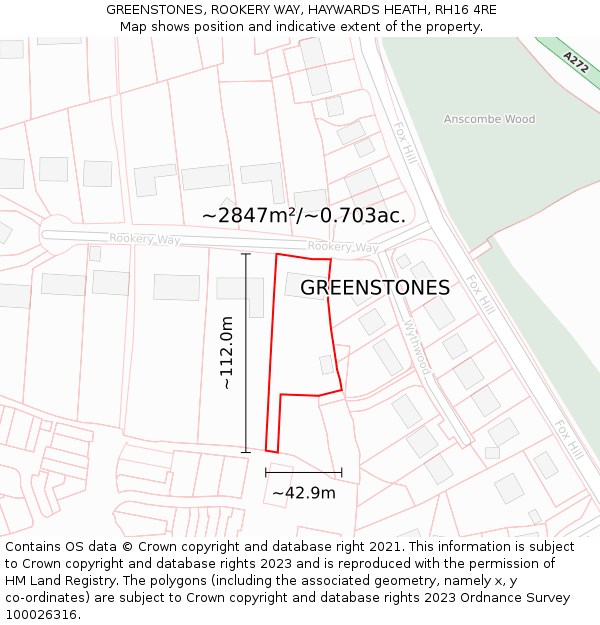 GREENSTONES, ROOKERY WAY, HAYWARDS HEATH, RH16 4RE: Plot and title map