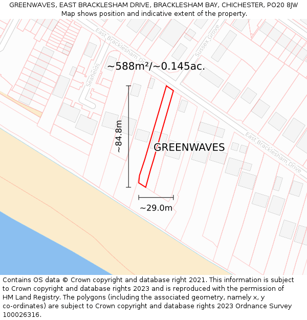 GREENWAVES, EAST BRACKLESHAM DRIVE, BRACKLESHAM BAY, CHICHESTER, PO20 8JW: Plot and title map