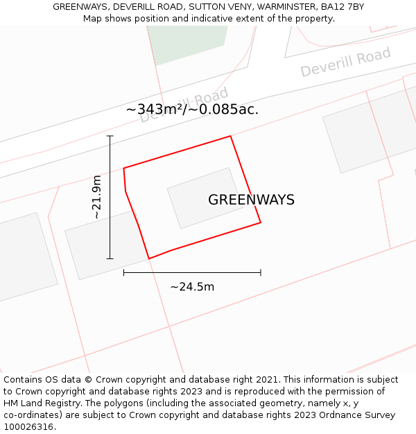 GREENWAYS, DEVERILL ROAD, SUTTON VENY, WARMINSTER, BA12 7BY: Plot and title map