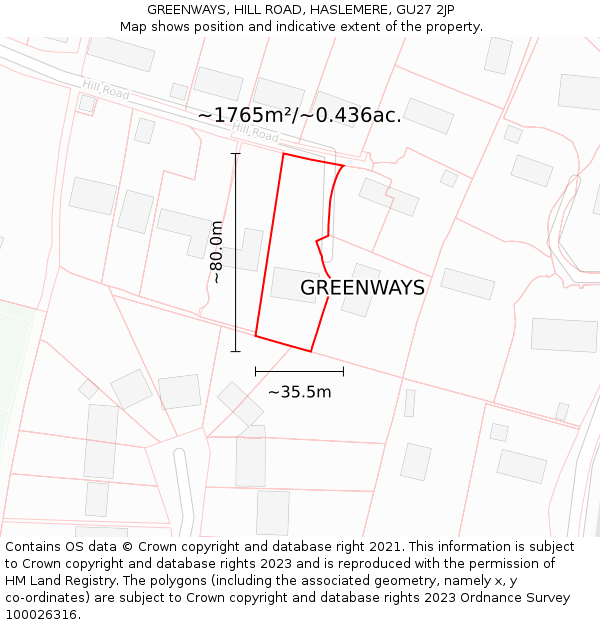 GREENWAYS, HILL ROAD, HASLEMERE, GU27 2JP: Plot and title map