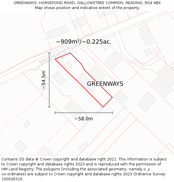 GREENWAYS, HORSEPOND ROAD, GALLOWSTREE COMMON, READING, RG4 9BX: Plot and title map