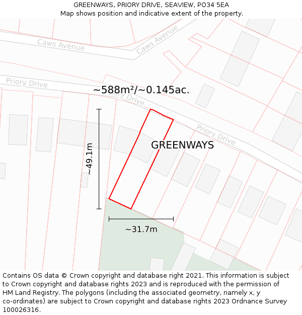 GREENWAYS, PRIORY DRIVE, SEAVIEW, PO34 5EA: Plot and title map