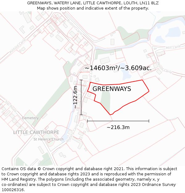 GREENWAYS, WATERY LANE, LITTLE CAWTHORPE, LOUTH, LN11 8LZ: Plot and title map