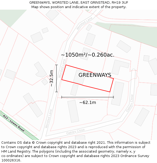 GREENWAYS, WORSTED LANE, EAST GRINSTEAD, RH19 3UF: Plot and title map