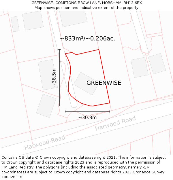 GREENWISE, COMPTONS BROW LANE, HORSHAM, RH13 6BX: Plot and title map