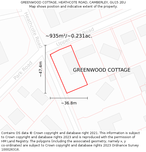 GREENWOOD COTTAGE, HEATHCOTE ROAD, CAMBERLEY, GU15 2EU: Plot and title map