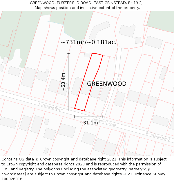 GREENWOOD, FURZEFIELD ROAD, EAST GRINSTEAD, RH19 2JL: Plot and title map