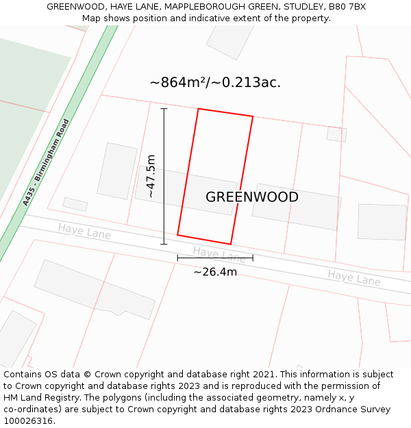 GREENWOOD, HAYE LANE, MAPPLEBOROUGH GREEN, STUDLEY, B80 7BX: Plot and title map