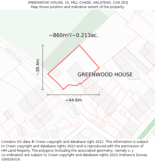 GREENWOOD HOUSE, 15, MILL CHASE, HALSTEAD, CO9 2DQ: Plot and title map