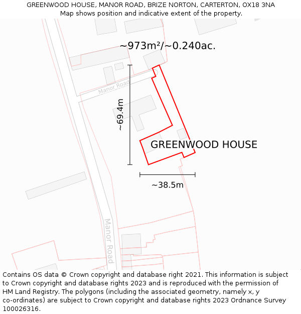 GREENWOOD HOUSE, MANOR ROAD, BRIZE NORTON, CARTERTON, OX18 3NA: Plot and title map