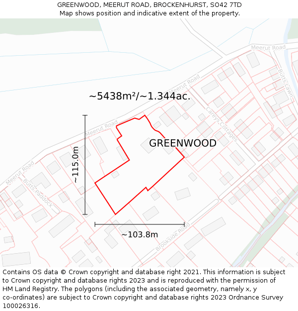 GREENWOOD, MEERUT ROAD, BROCKENHURST, SO42 7TD: Plot and title map