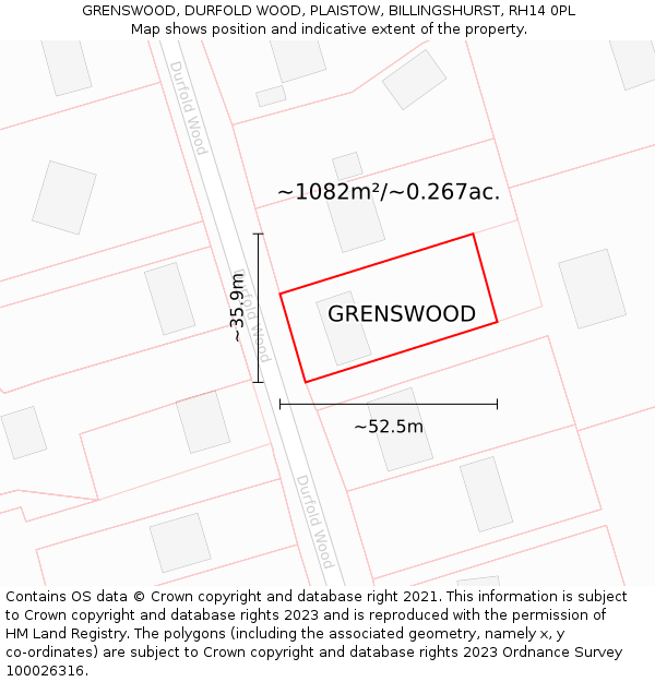 GRENSWOOD, DURFOLD WOOD, PLAISTOW, BILLINGSHURST, RH14 0PL: Plot and title map