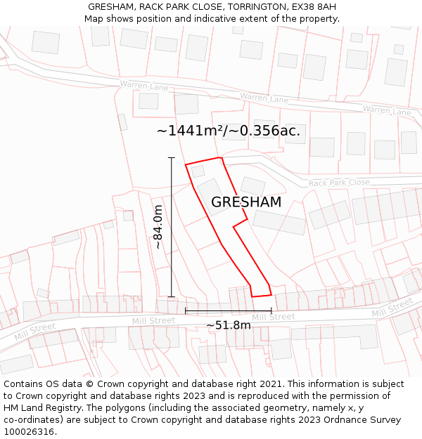 GRESHAM, RACK PARK CLOSE, TORRINGTON, EX38 8AH: Plot and title map