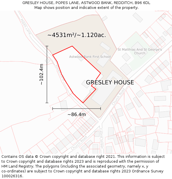 GRESLEY HOUSE, POPES LANE, ASTWOOD BANK, REDDITCH, B96 6DL: Plot and title map