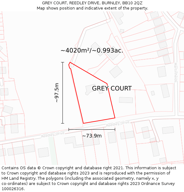 GREY COURT, REEDLEY DRIVE, BURNLEY, BB10 2QZ: Plot and title map