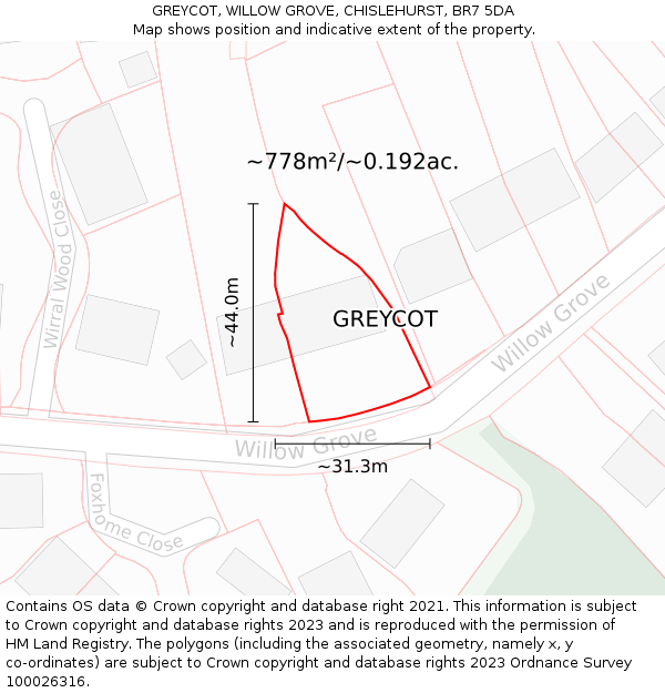GREYCOT, WILLOW GROVE, CHISLEHURST, BR7 5DA: Plot and title map