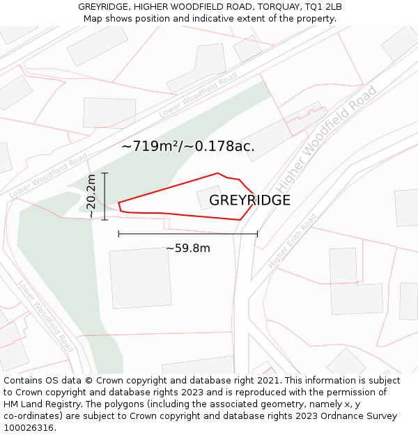 GREYRIDGE, HIGHER WOODFIELD ROAD, TORQUAY, TQ1 2LB: Plot and title map