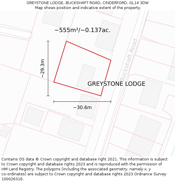 GREYSTONE LODGE, BUCKSHAFT ROAD, CINDERFORD, GL14 3DW: Plot and title map