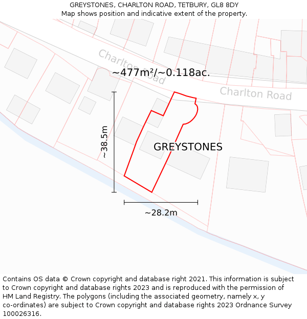 GREYSTONES, CHARLTON ROAD, TETBURY, GL8 8DY: Plot and title map