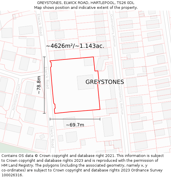 GREYSTONES, ELWICK ROAD, HARTLEPOOL, TS26 0DL: Plot and title map