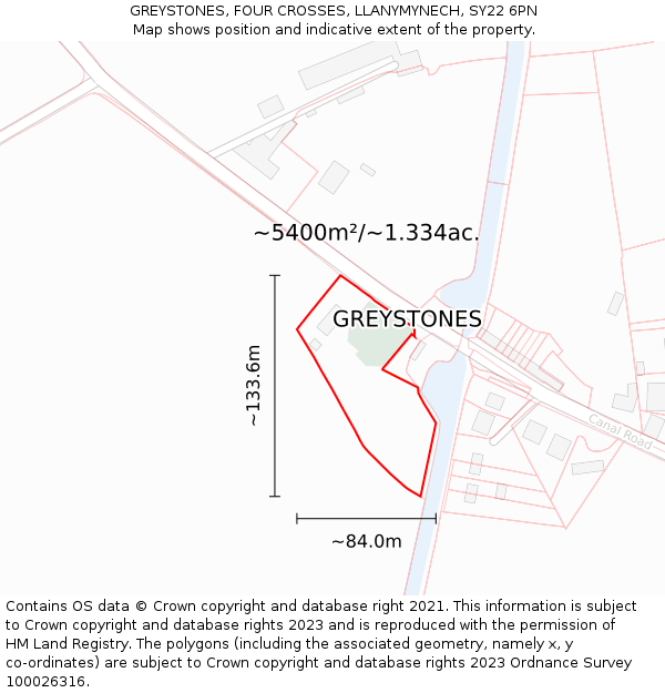 GREYSTONES, FOUR CROSSES, LLANYMYNECH, SY22 6PN: Plot and title map