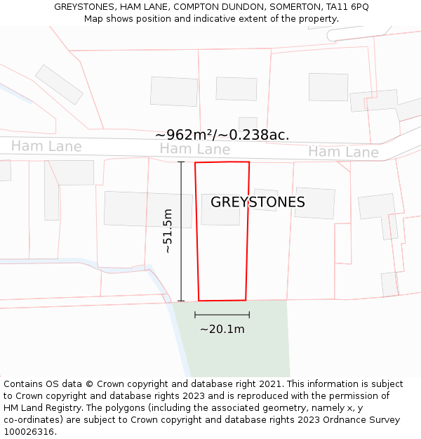 GREYSTONES, HAM LANE, COMPTON DUNDON, SOMERTON, TA11 6PQ: Plot and title map