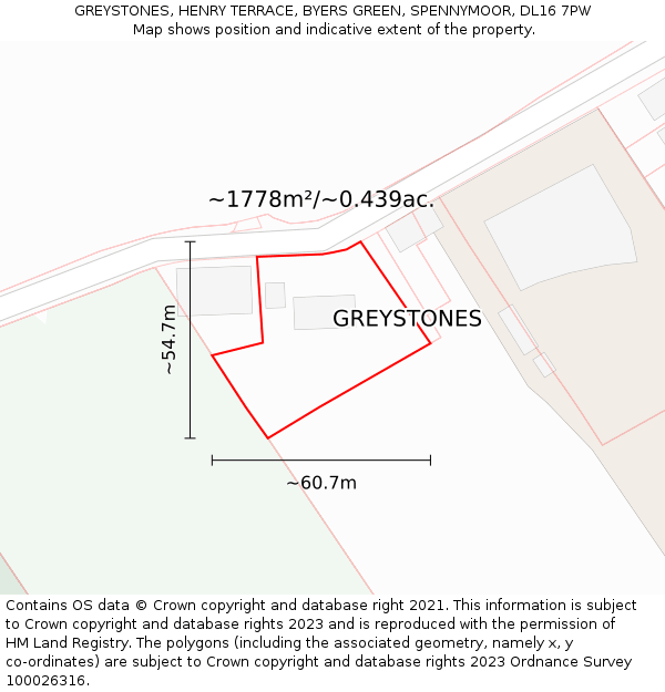 GREYSTONES, HENRY TERRACE, BYERS GREEN, SPENNYMOOR, DL16 7PW: Plot and title map