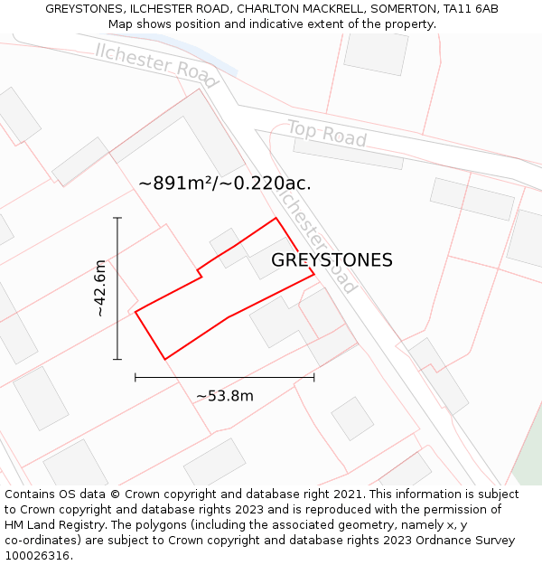 GREYSTONES, ILCHESTER ROAD, CHARLTON MACKRELL, SOMERTON, TA11 6AB: Plot and title map