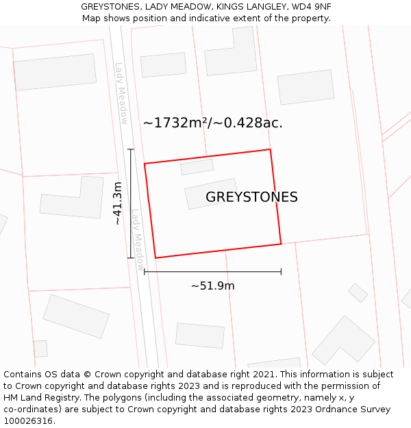GREYSTONES, LADY MEADOW, KINGS LANGLEY, WD4 9NF: Plot and title map