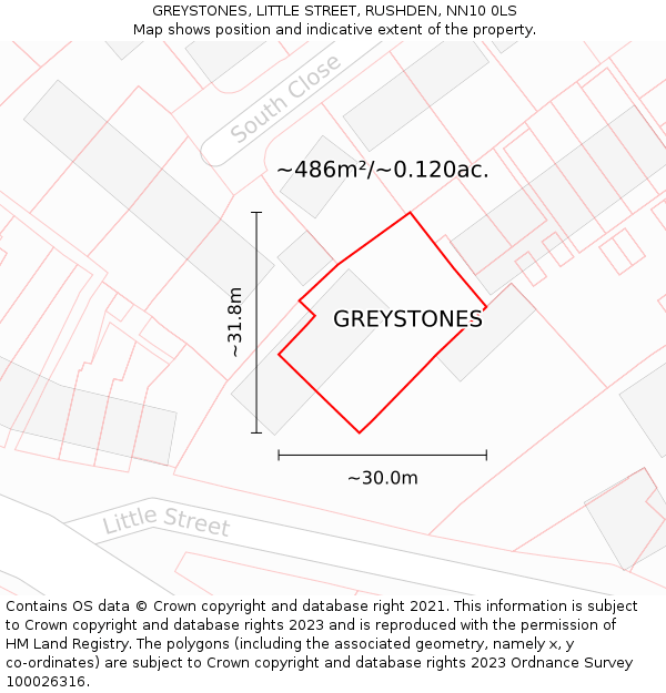 GREYSTONES, LITTLE STREET, RUSHDEN, NN10 0LS: Plot and title map