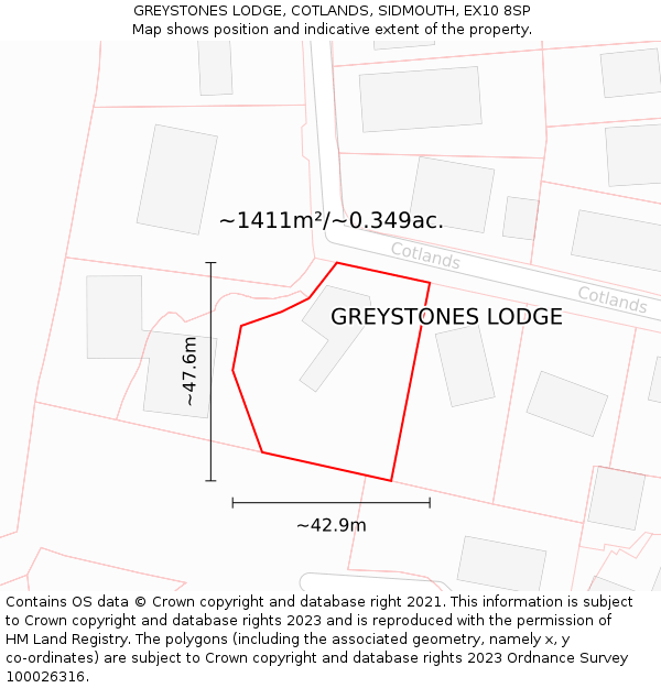 GREYSTONES LODGE, COTLANDS, SIDMOUTH, EX10 8SP: Plot and title map