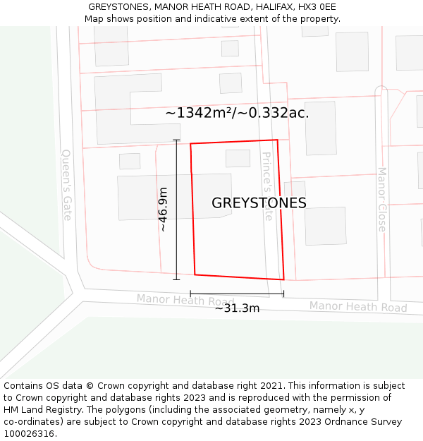 GREYSTONES, MANOR HEATH ROAD, HALIFAX, HX3 0EE: Plot and title map