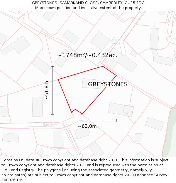 GREYSTONES, SAMARKAND CLOSE, CAMBERLEY, GU15 1DG: Plot and title map
