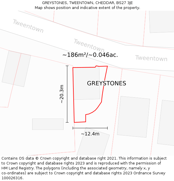 GREYSTONES, TWEENTOWN, CHEDDAR, BS27 3JE: Plot and title map