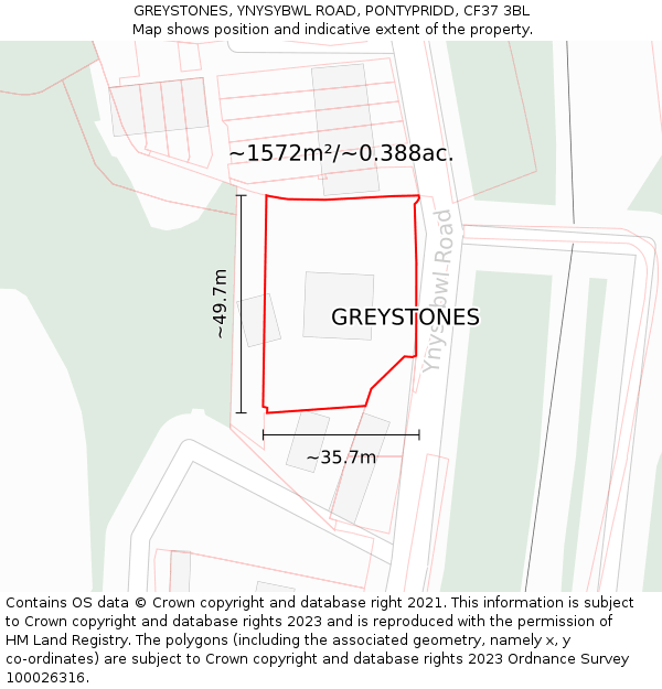GREYSTONES, YNYSYBWL ROAD, PONTYPRIDD, CF37 3BL: Plot and title map