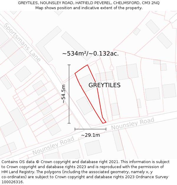 GREYTILES, NOUNSLEY ROAD, HATFIELD PEVEREL, CHELMSFORD, CM3 2NQ: Plot and title map