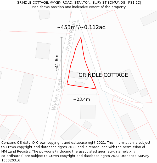 GRINDLE COTTAGE, WYKEN ROAD, STANTON, BURY ST EDMUNDS, IP31 2DJ: Plot and title map