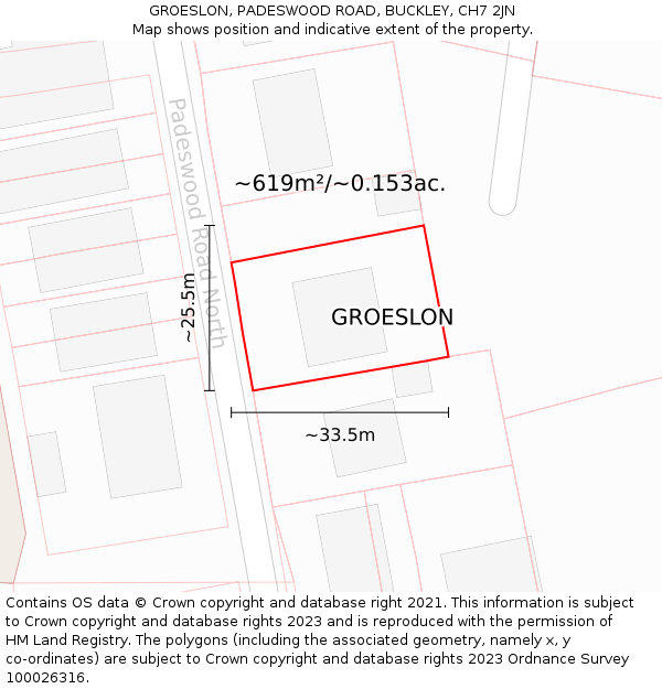 GROESLON, PADESWOOD ROAD, BUCKLEY, CH7 2JN: Plot and title map
