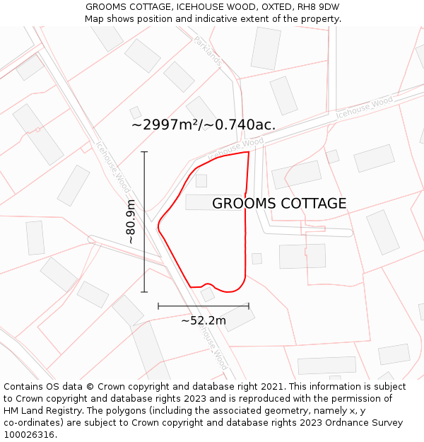 GROOMS COTTAGE, ICEHOUSE WOOD, OXTED, RH8 9DW: Plot and title map