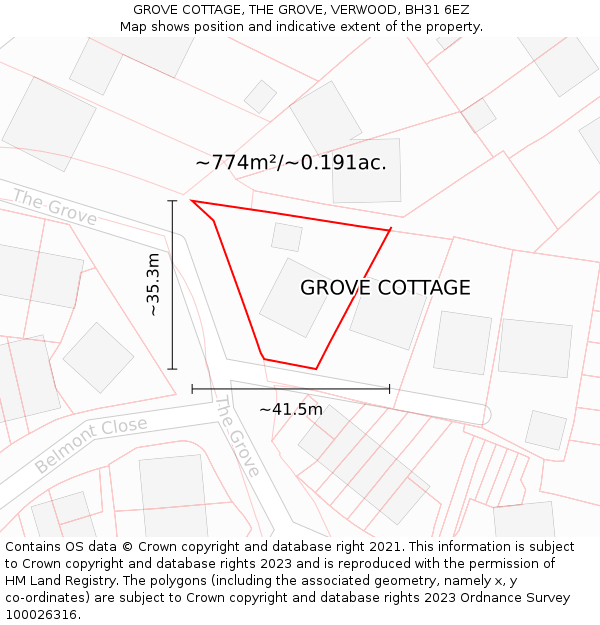 GROVE COTTAGE, THE GROVE, VERWOOD, BH31 6EZ: Plot and title map