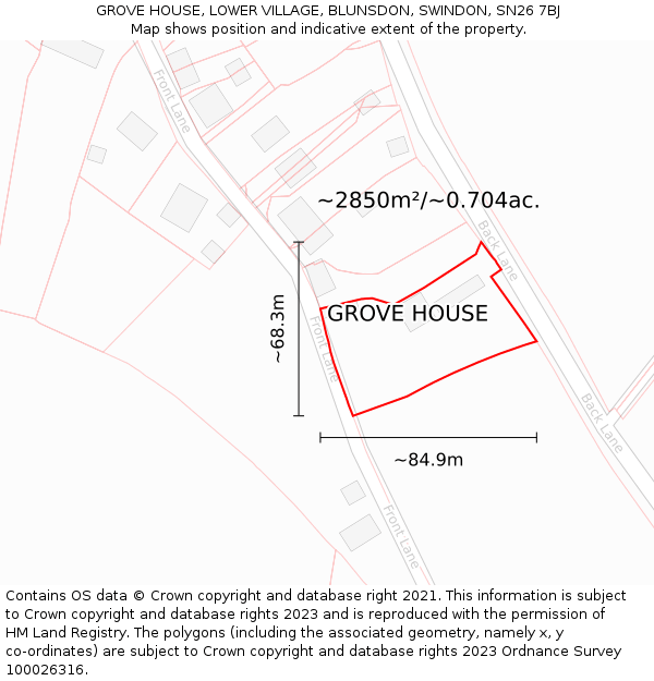 GROVE HOUSE, LOWER VILLAGE, BLUNSDON, SWINDON, SN26 7BJ: Plot and title map