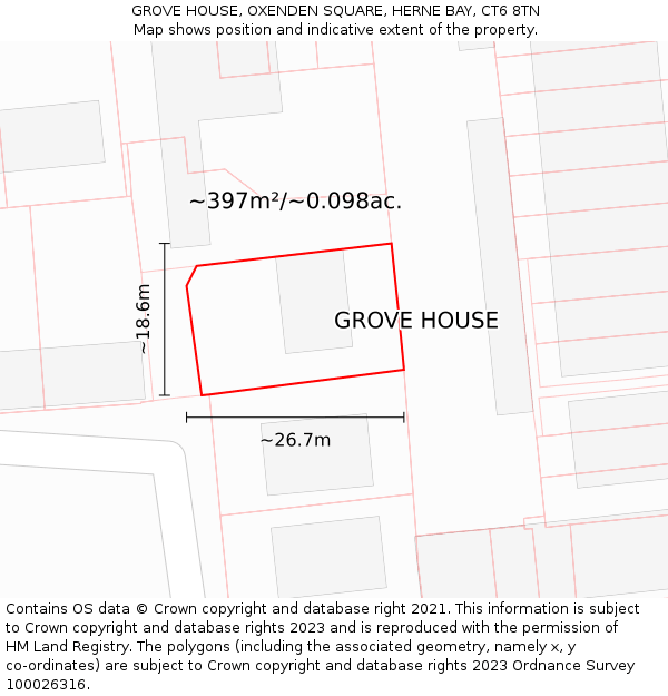 GROVE HOUSE, OXENDEN SQUARE, HERNE BAY, CT6 8TN: Plot and title map