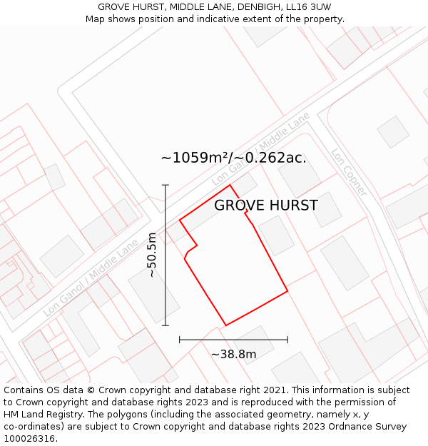 GROVE HURST, MIDDLE LANE, DENBIGH, LL16 3UW: Plot and title map