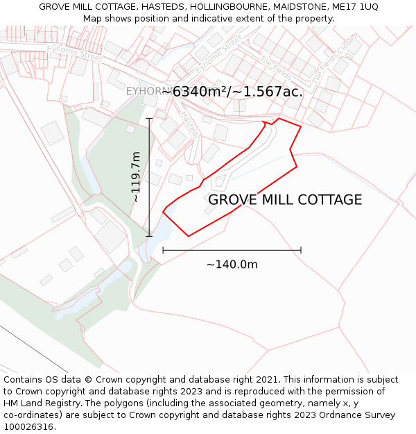 GROVE MILL COTTAGE, HASTEDS, HOLLINGBOURNE, MAIDSTONE, ME17 1UQ: Plot and title map