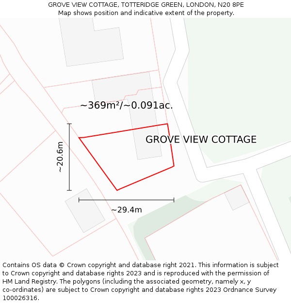 GROVE VIEW COTTAGE, TOTTERIDGE GREEN, LONDON, N20 8PE: Plot and title map